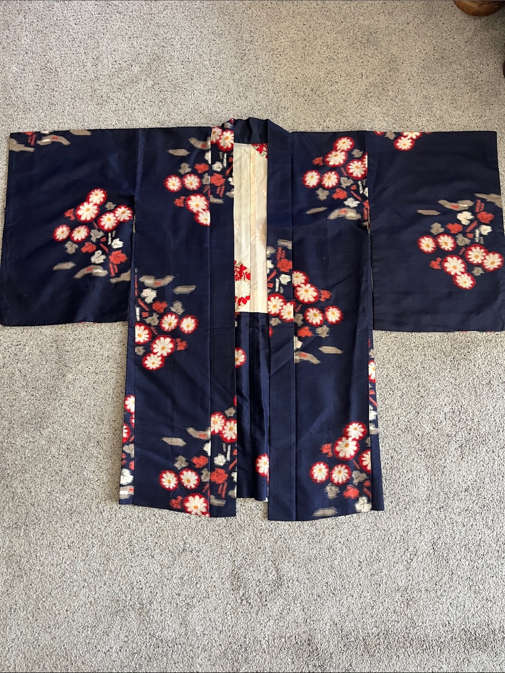 Navy Floral Kimono Jacket with Red Blossom Print Beautiful Condition